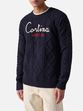 Blauer Rundhalspullover Bergen Tricot mit Cortina Natale '83 Stickerei