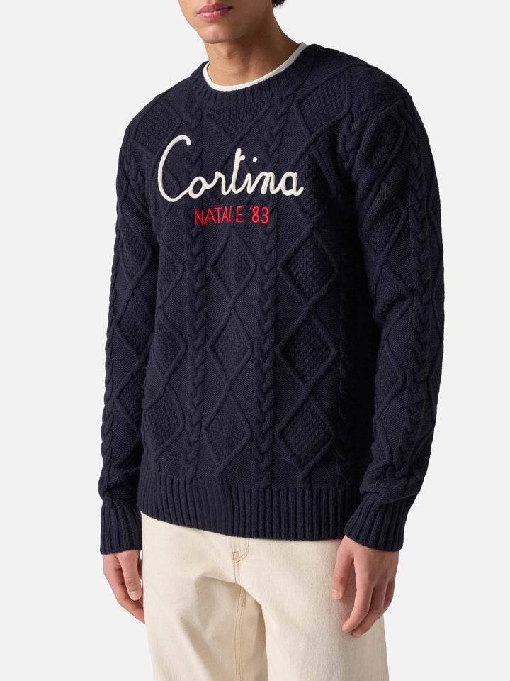 Blue crewneck sweater Bergen Tricot with Cortina Natale '83 embroidery