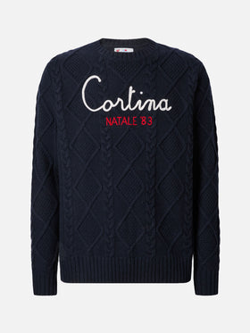 Maglione blu a girocollo Bergen Tricot con ricamo Cortina Natale '83