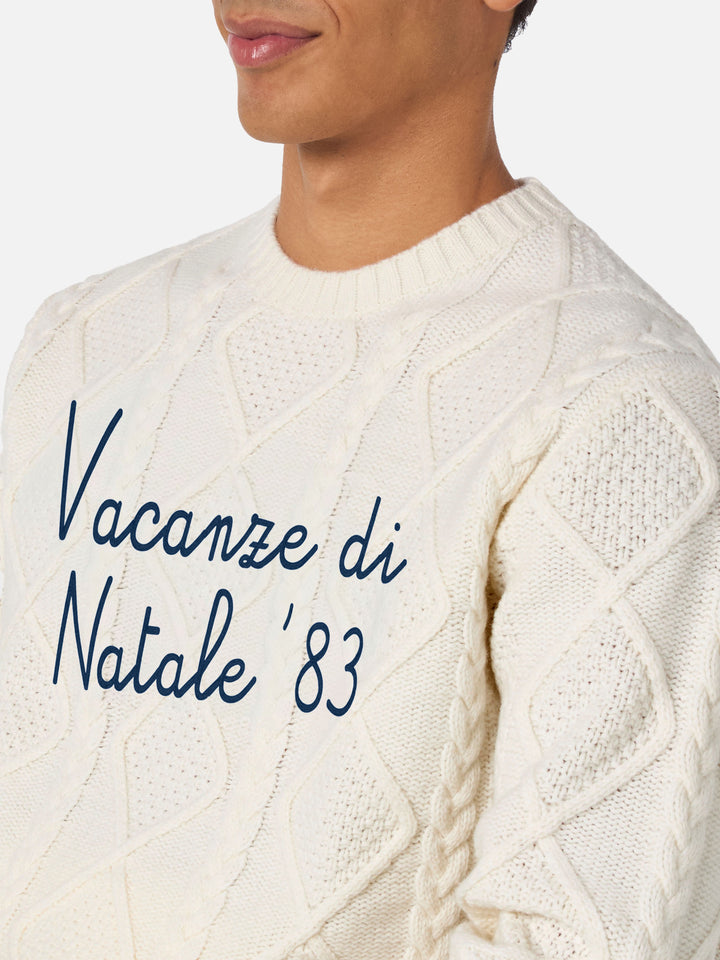 White crewneck sweater Bergen Tricot with Vacanze di Natale '83 embroidery