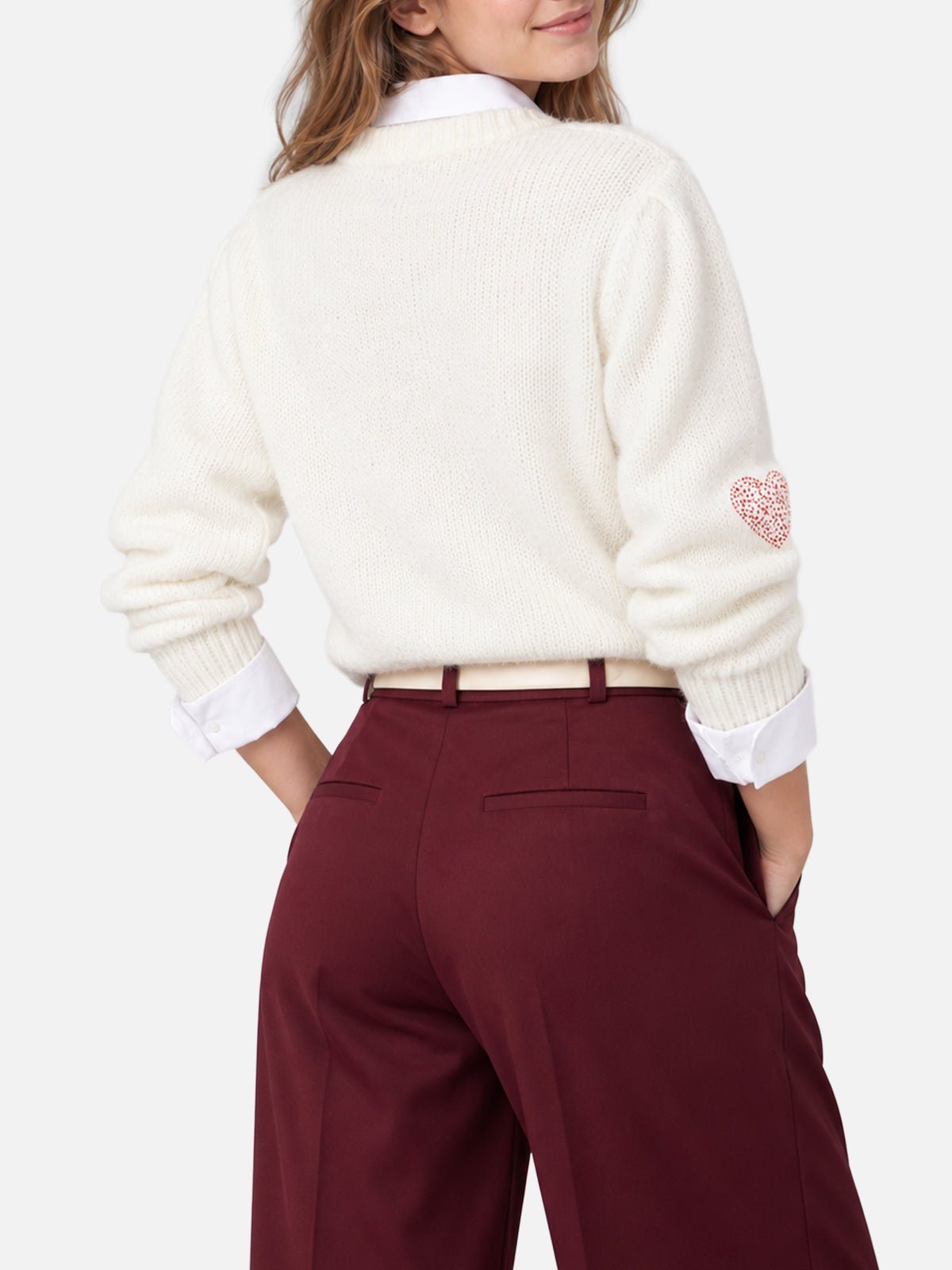 Bloom Soft white brushed sweater with red rhinestone hearts