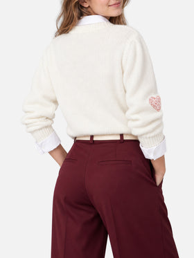Bloom Soft white brushed sweater with red rhinestone hearts