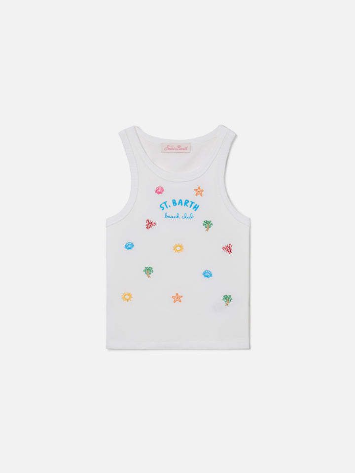 Blue Jr Tank-Top in white stretch cotton with multicolor embroidery