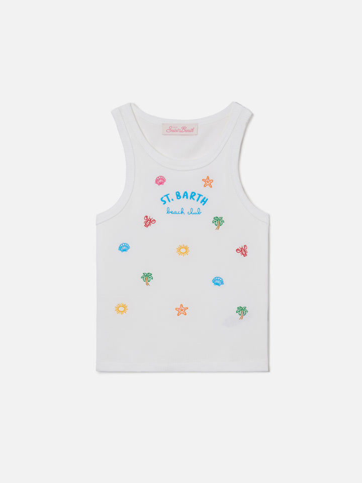 Blue Jr Tank-Top in white stretch cotton with multicolor embroidery