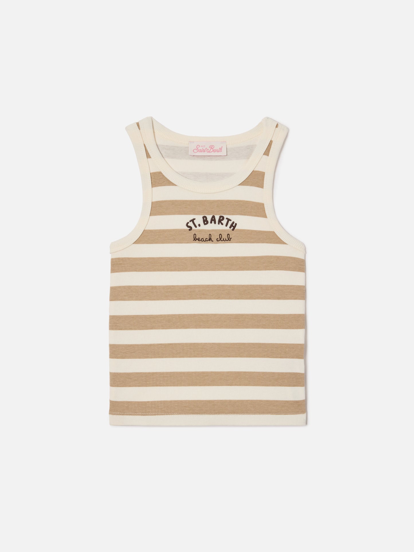 Camiseta de tirantes Blue Jr con rayas beige y blancas y logo bordado 