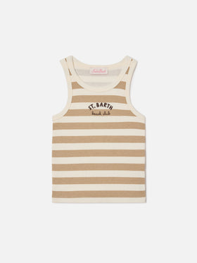 Camiseta de tirantes Blue Jr con rayas beige y blancas y logo bordado 