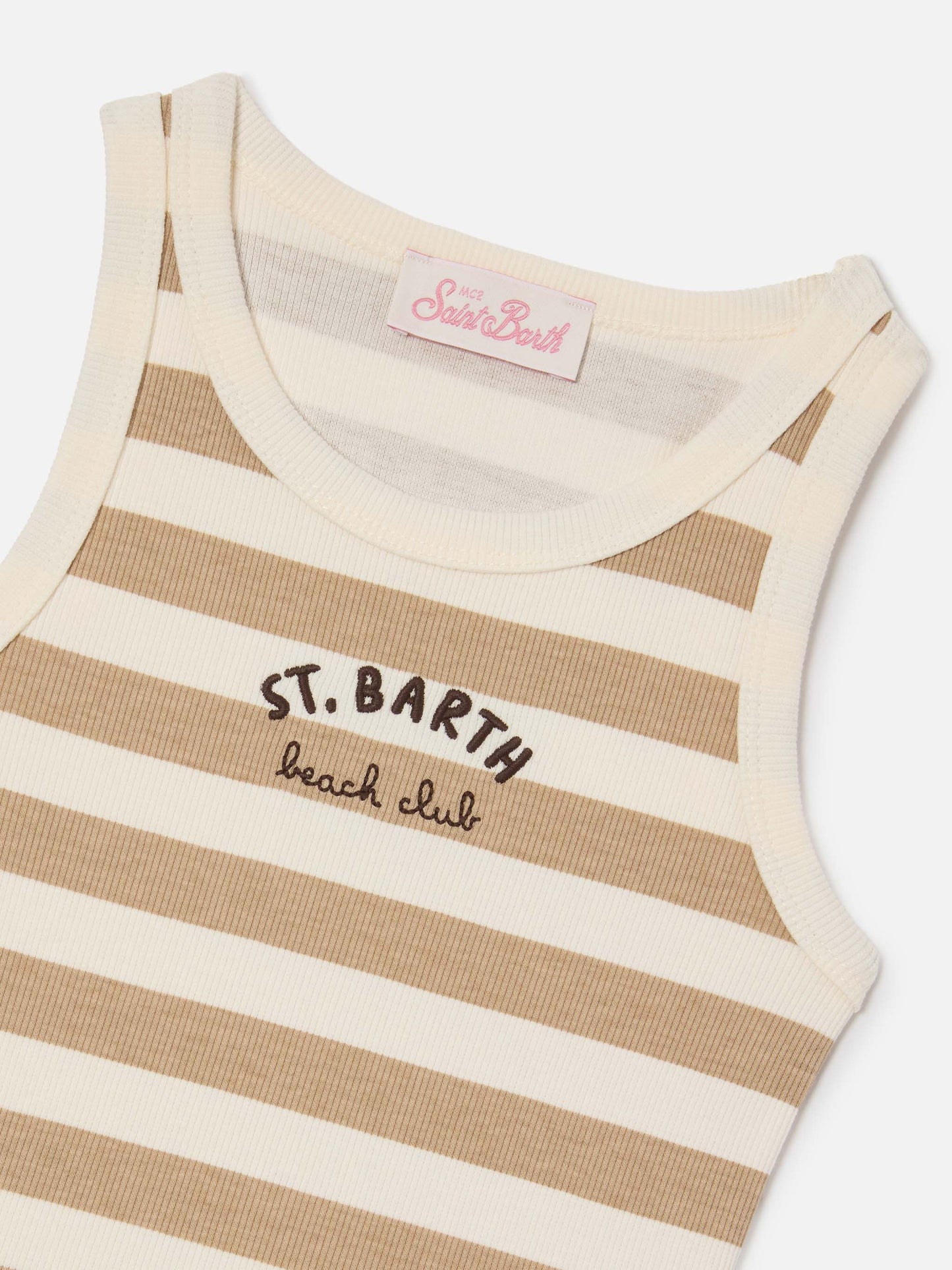Camiseta de tirantes Blue Jr con rayas beige y blancas y logo bordado 