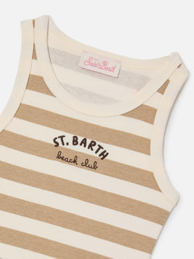 Camiseta de tirantes Blue Jr con rayas beige y blancas y logo bordado 