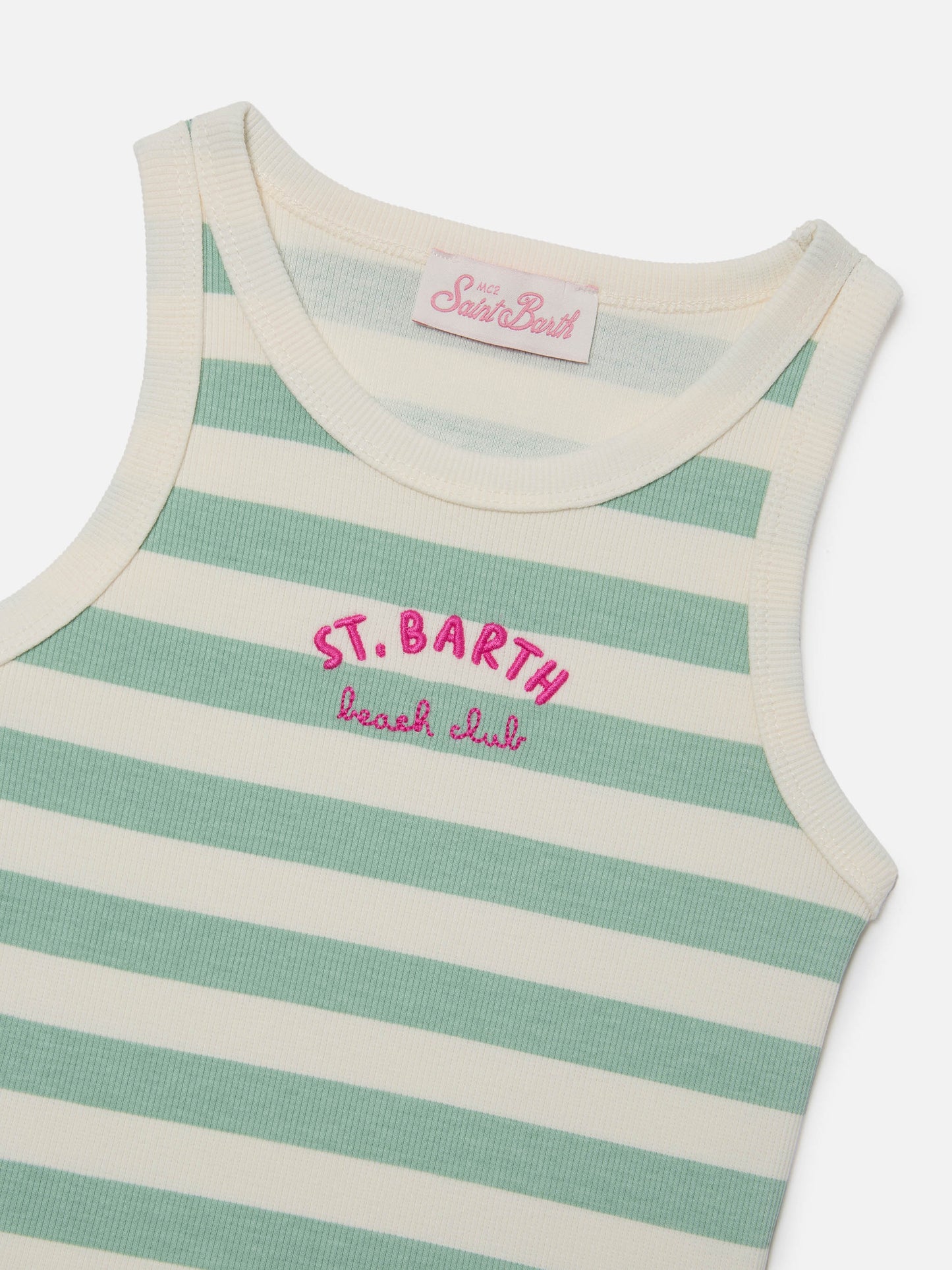 Blue Jr Tank-Top with green and white stripes and embroidered logo
