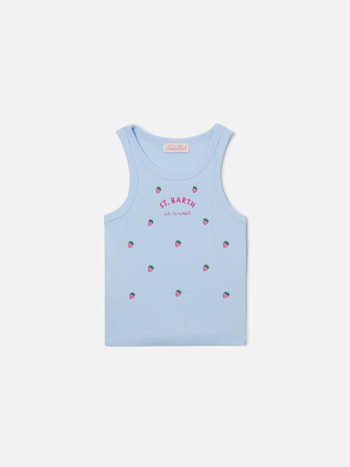Blue Jr Tank-Top in light blue with St. Barth is sweet embroidery and strawberries