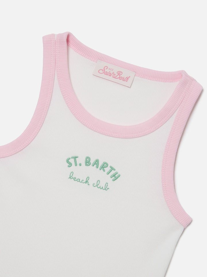 Blue Jr Tank-Top in white with embroidered logo and pink trims