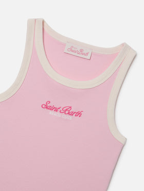 Blue Jr Tank-Top in pink with embroidered logo and cream trims