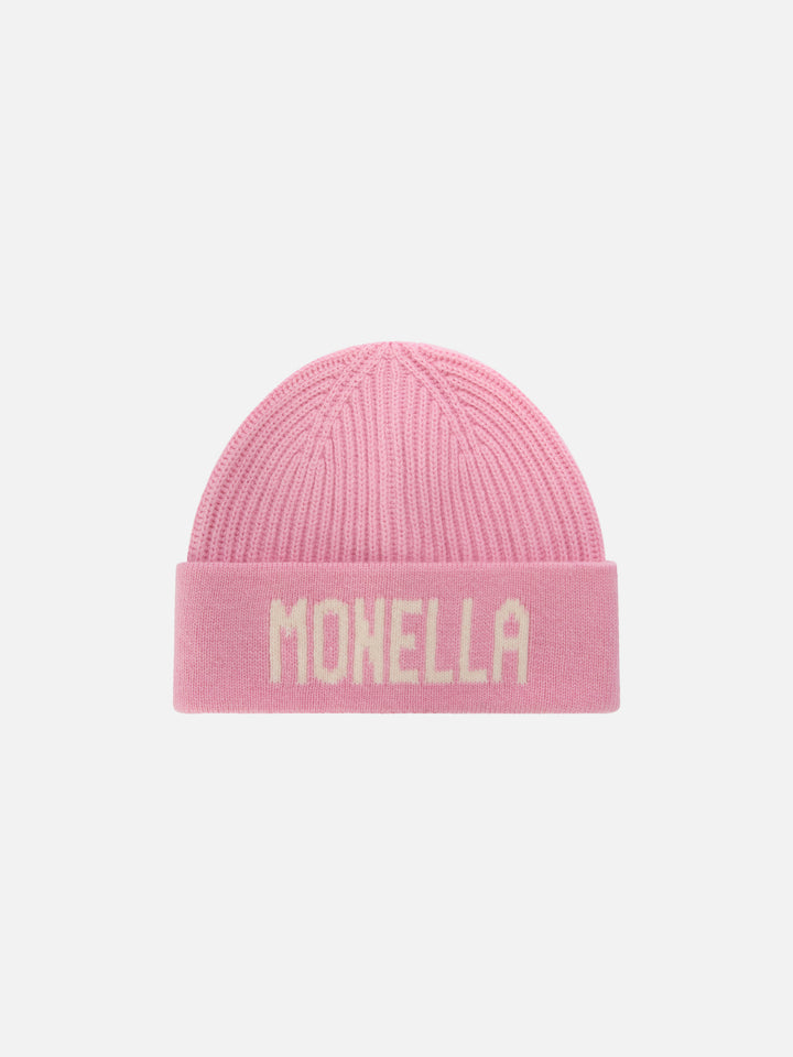 Rosa Benjie-Beanie mit Monella-Schriftzug 