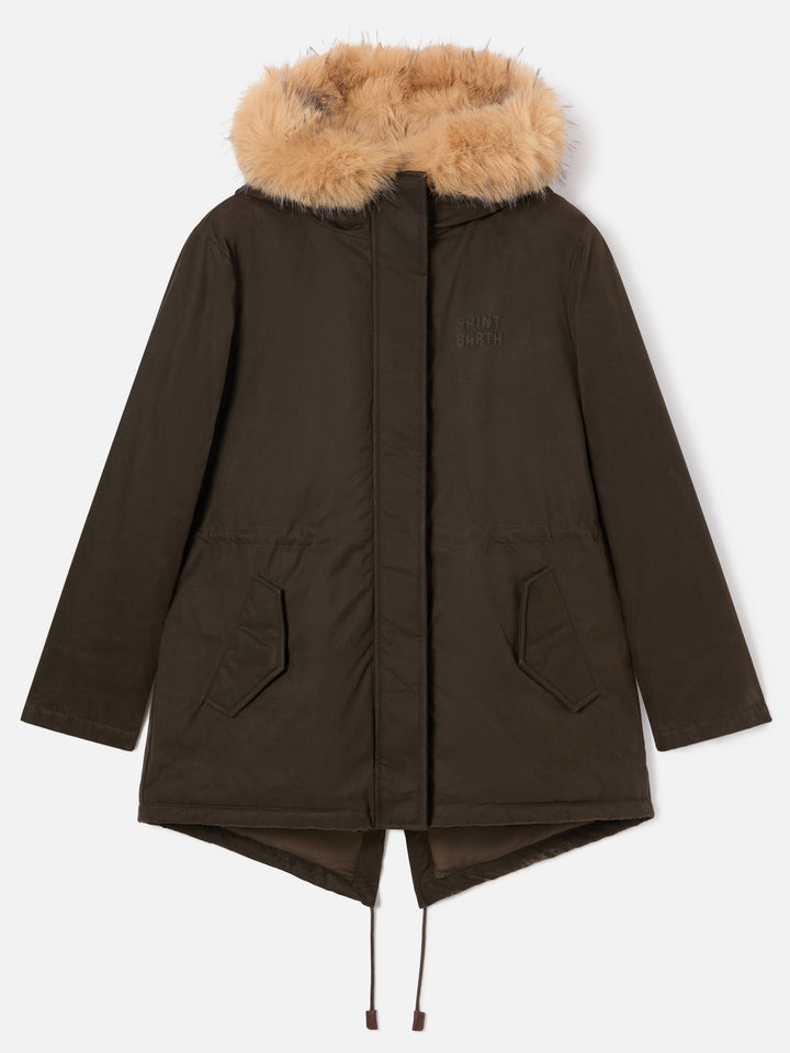 Military-grüner Brenna Parka aus gewachstem Baumwollmix mit Kapuze aus Faux Fur 