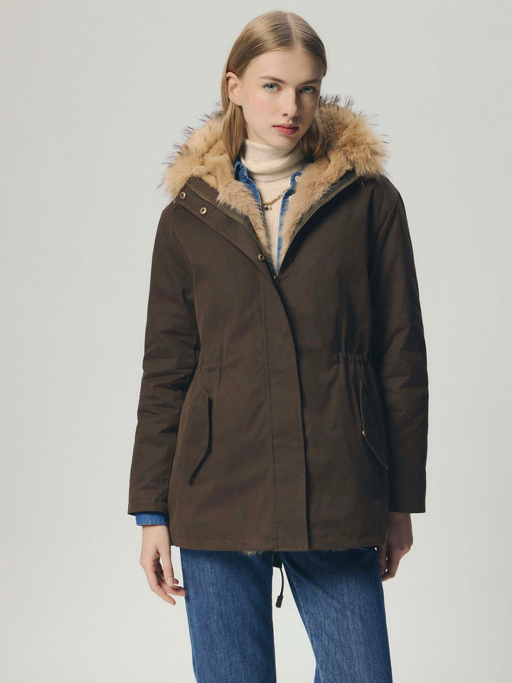 Military green Brenna cotton blend waxed parka with faux fur hood