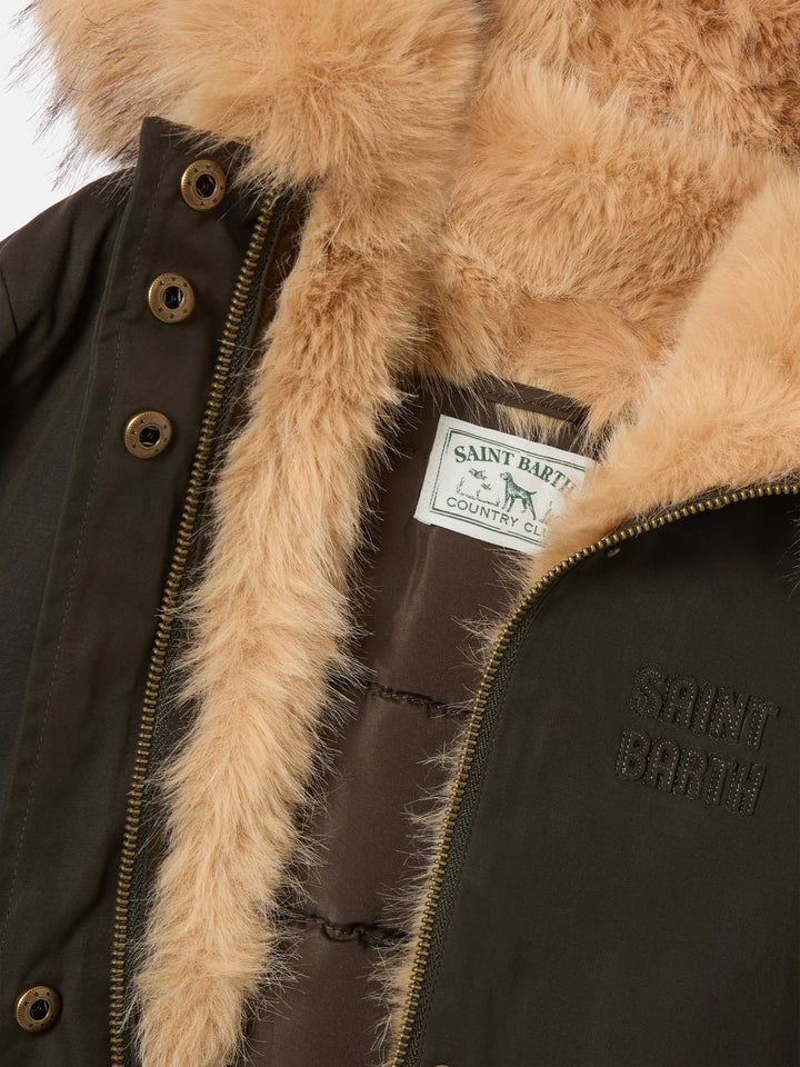 Parka encerada Brenna verde militar con capucha de pelo sintético 