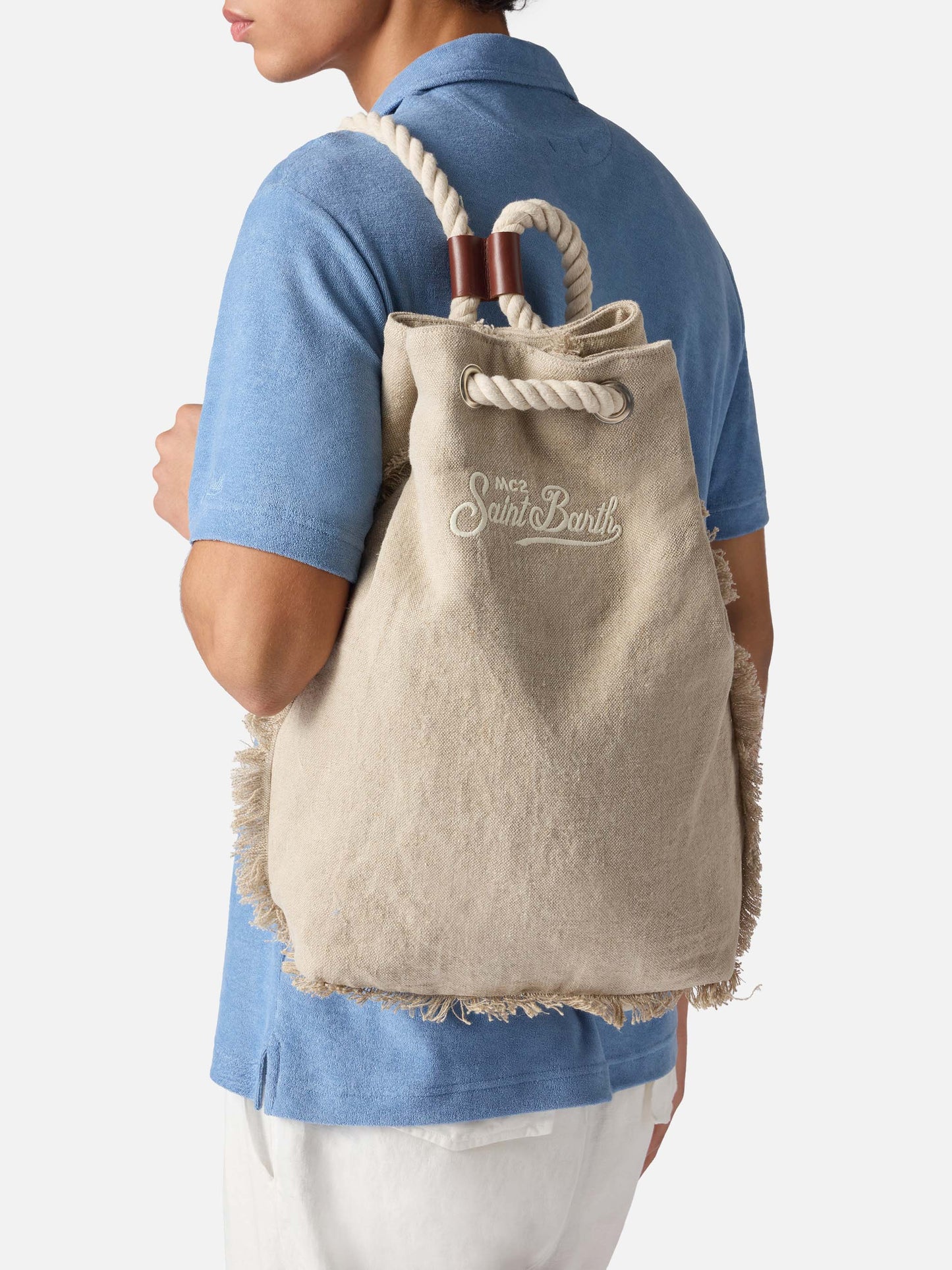 Boat beige linen backpack with printed logo