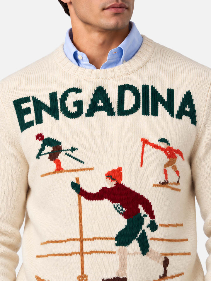 Pull blanc Bombardino Light avec jacquard skieurs Engadina 