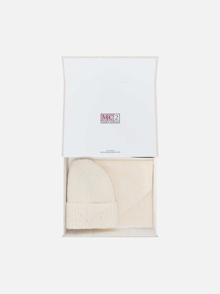 Ensemble bonnet en laine Off white et écharpe à capuche 