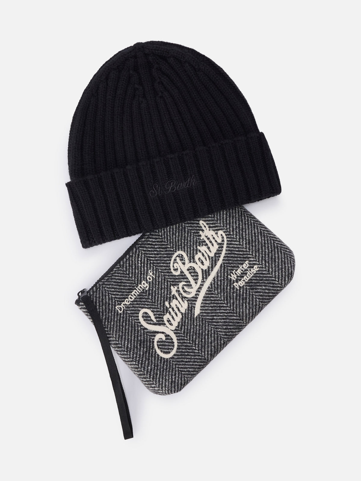 Set de Pochette con motivo de espiga y gorro negro 