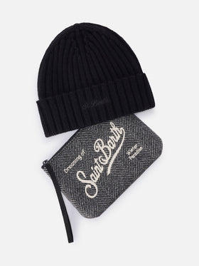 Set de Pochette con motivo de espiga y gorro negro 