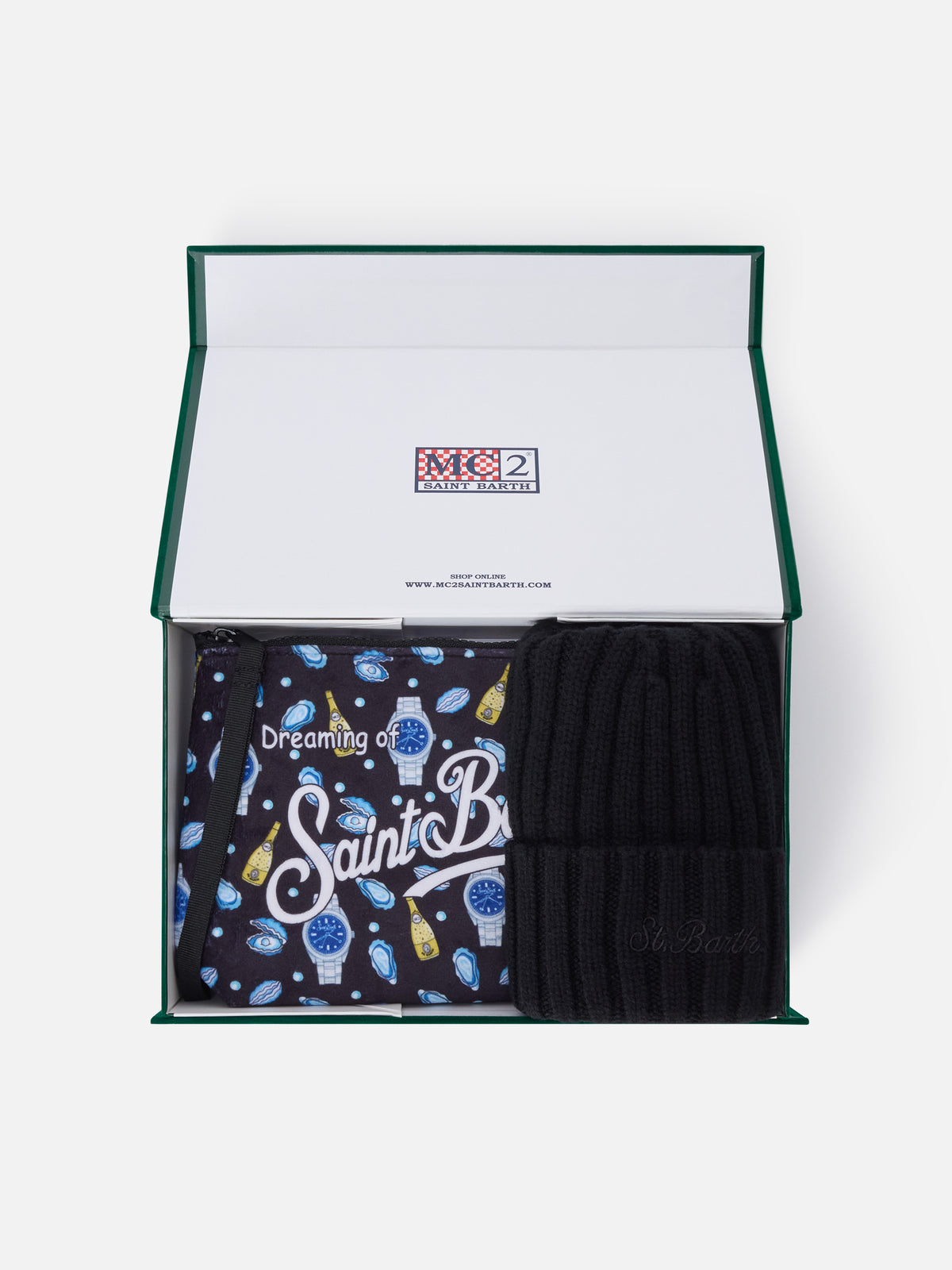 Pochette with oysters and watches print and black beanie set