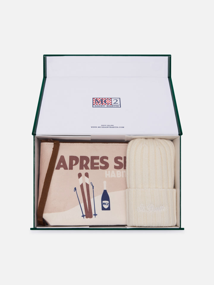 Pochette with Après Ski print and beige beanie set