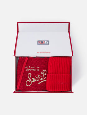 Pochette mit „Merry Christmas“-Stickerei und Set mit roter Beanie 