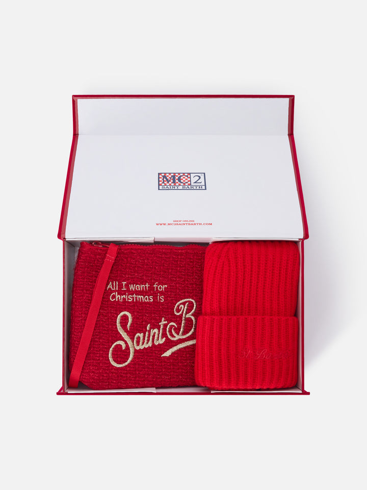 Set pochette con ricamo Merry Christmas e berretto rosso