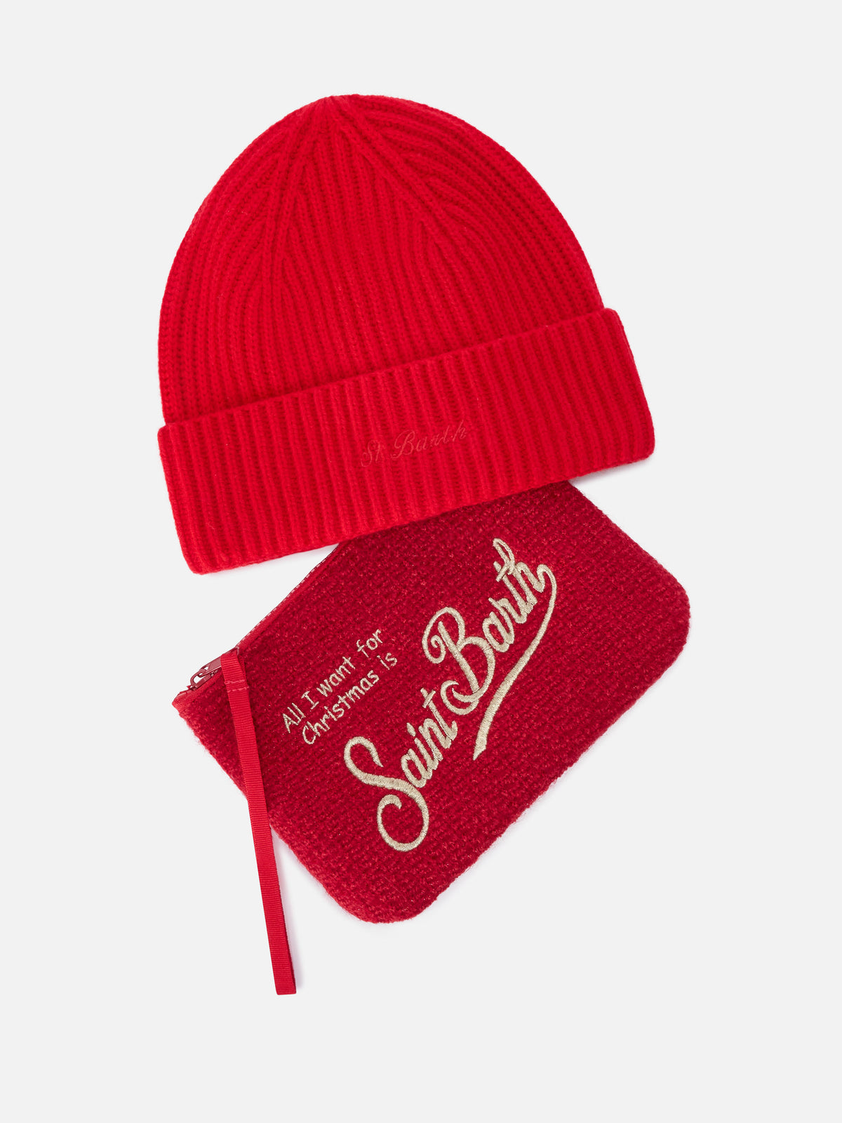 Pochette mit „Merry Christmas“-Stickerei und Set mit roter Beanie 