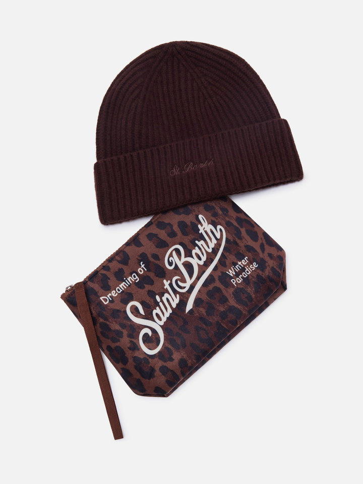Conjunto de Pochette con estampado de leopardo y gorro marrón 