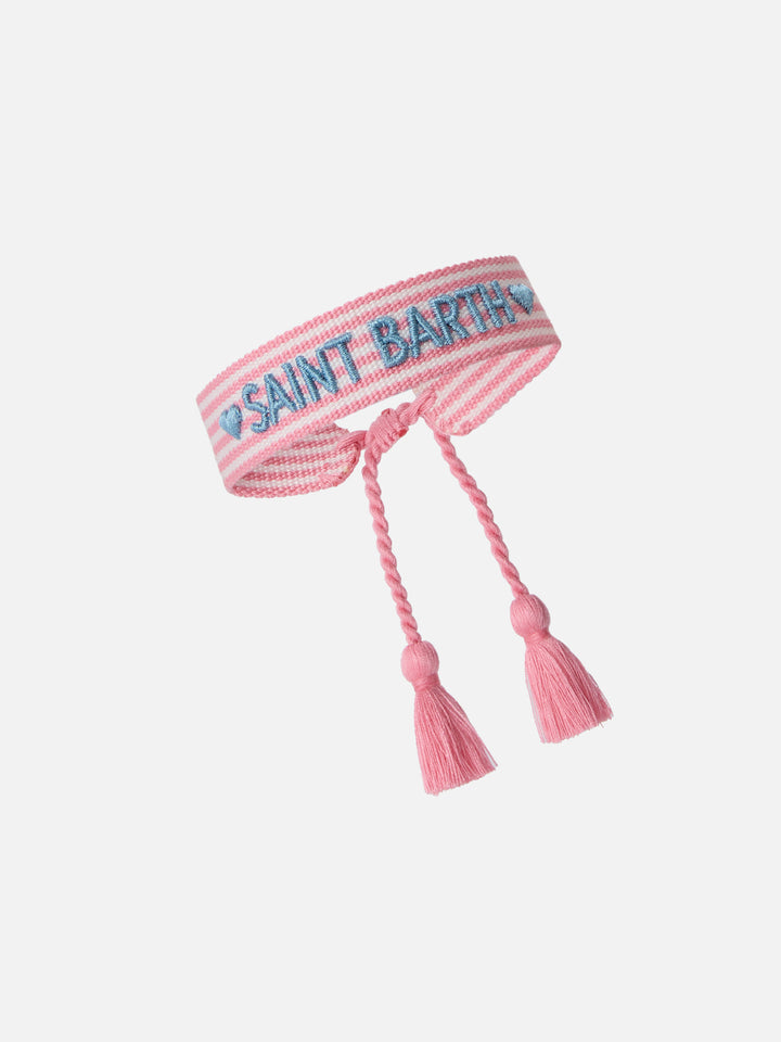 Fabric bracelet with pink stripes and embroidery