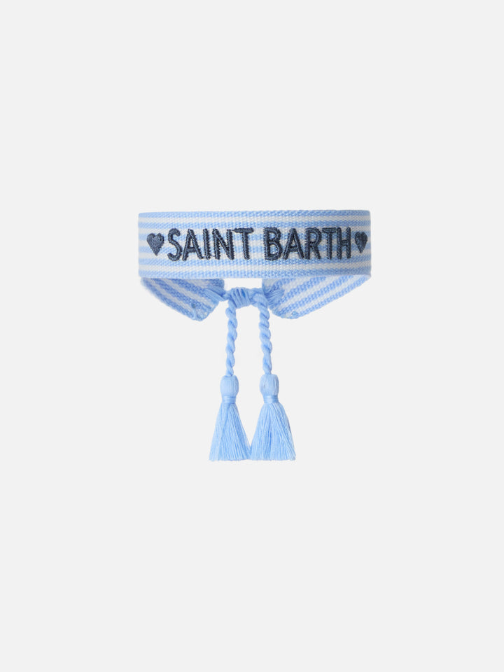 Fabric bracelet with light blue stripes and embroidery