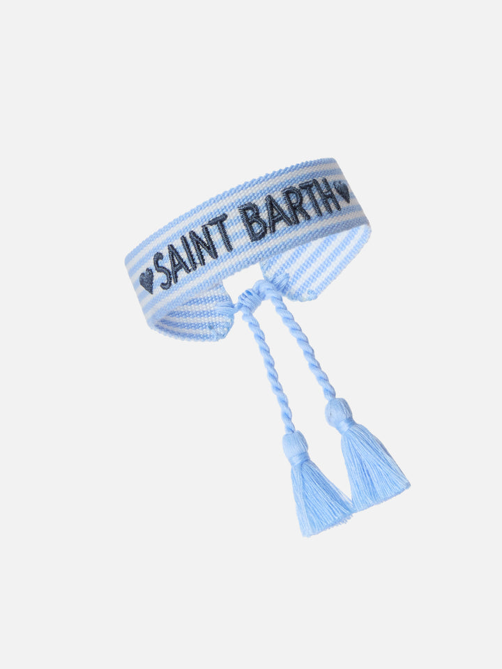 Fabric bracelet with light blue stripes and embroidery