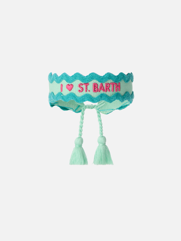 Fabric bracelet in aqua green with embroidery