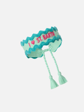 Fabric bracelet in aqua green with embroidery