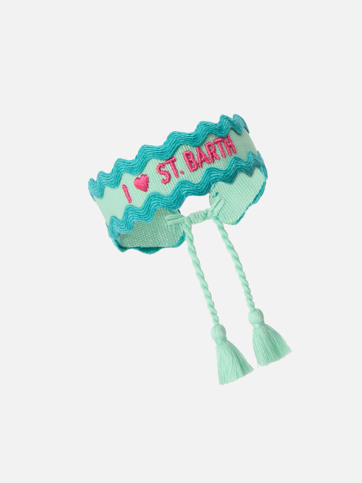Fabric bracelet in aqua green with embroidery