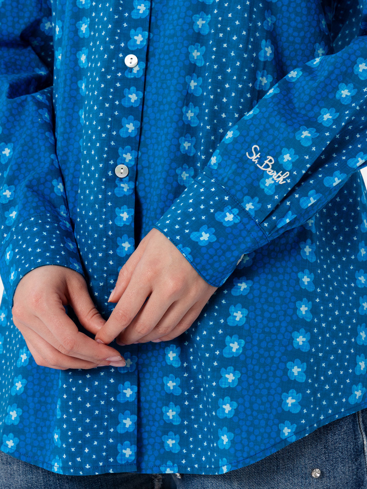 Woman cotton shirt Brigitte with indigo flower print - MC2 Saint Barth
