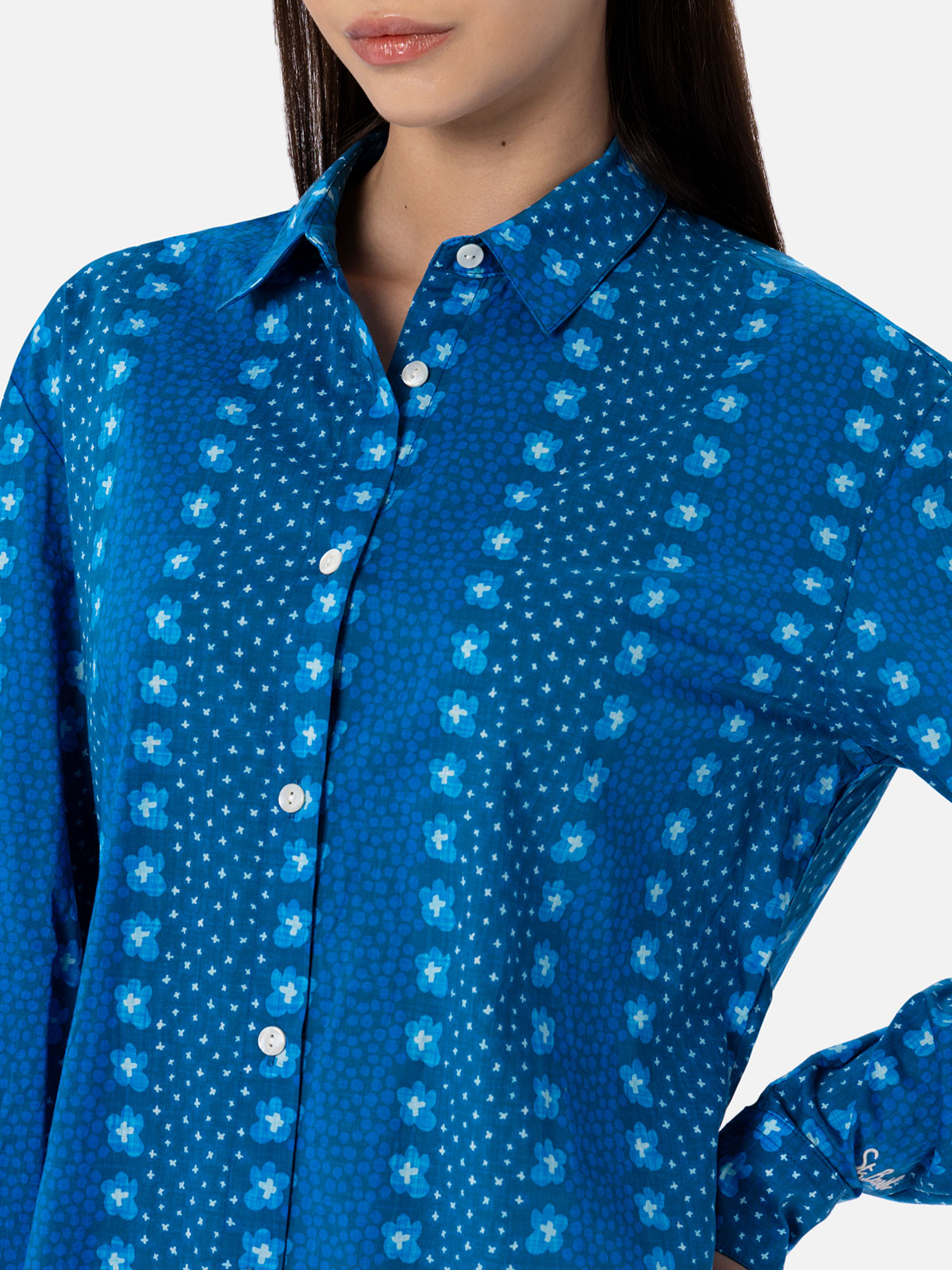 Woman cotton shirt Brigitte with indigo flower print - MC2 Saint Barth