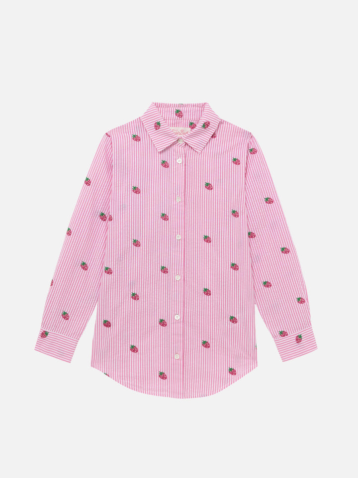 Camicia Mini Brigitte in seersucker a righe rosa con ricamo fragole