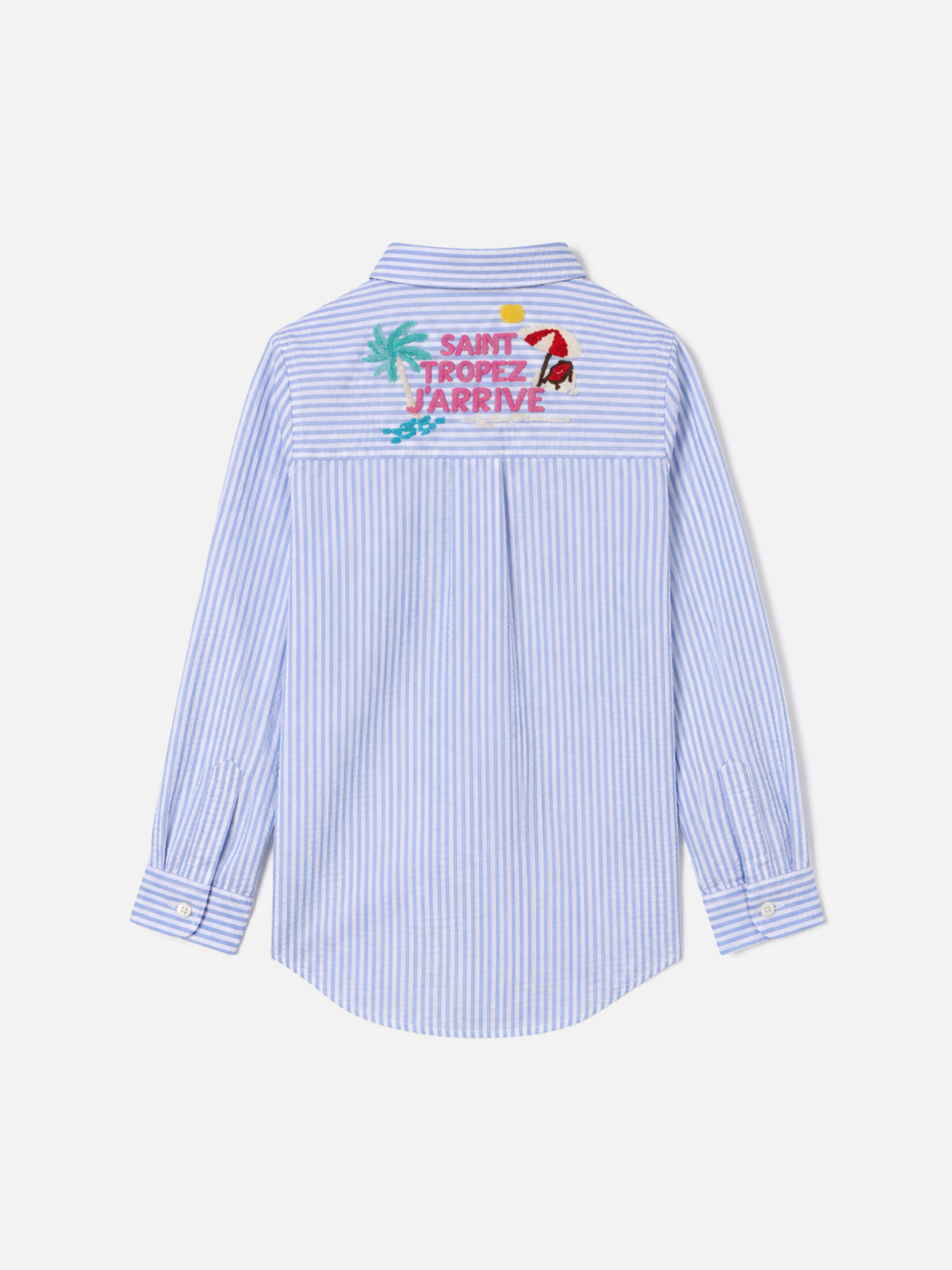 Light blue Mini Brigitte seersucker shirt with Tropez j'arrive embroidery
