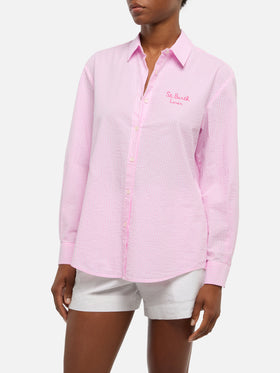 Brigitte gestreiftes Seersucker-Hemd mit Snoopy-Print