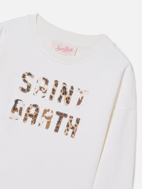 Briony Crewneck Sweatshirt in white with leopard patch