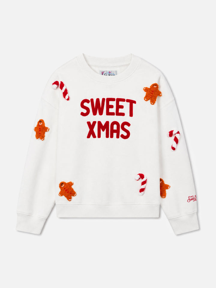 White Briony crewneck sweatshirt with candy cane patches