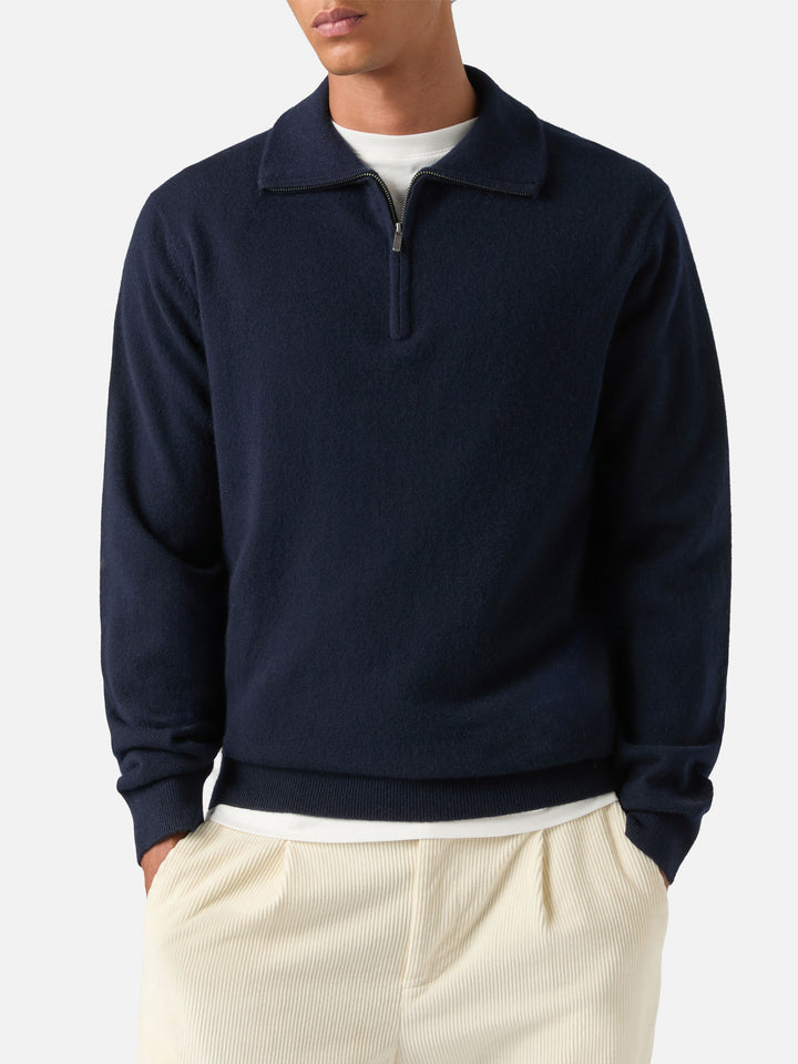 Marineblauer blue Buck Kaschmir-Strickpullover mit Half-Zip 