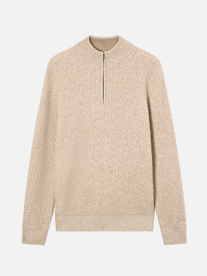 Pull demi-zip en laine Buck beige avec côtes mouliné 