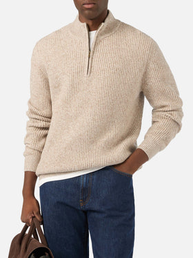 Beige Buck wool half zip knit with mouliné rib