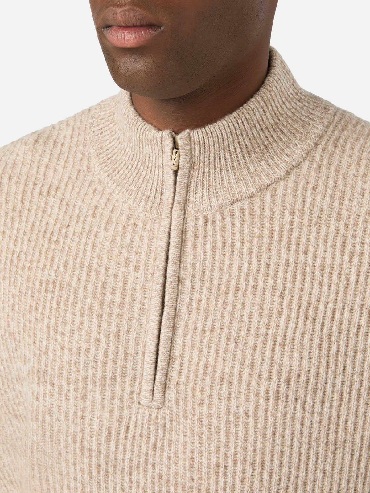 Beige Buck wool half zip knit with mouliné rib