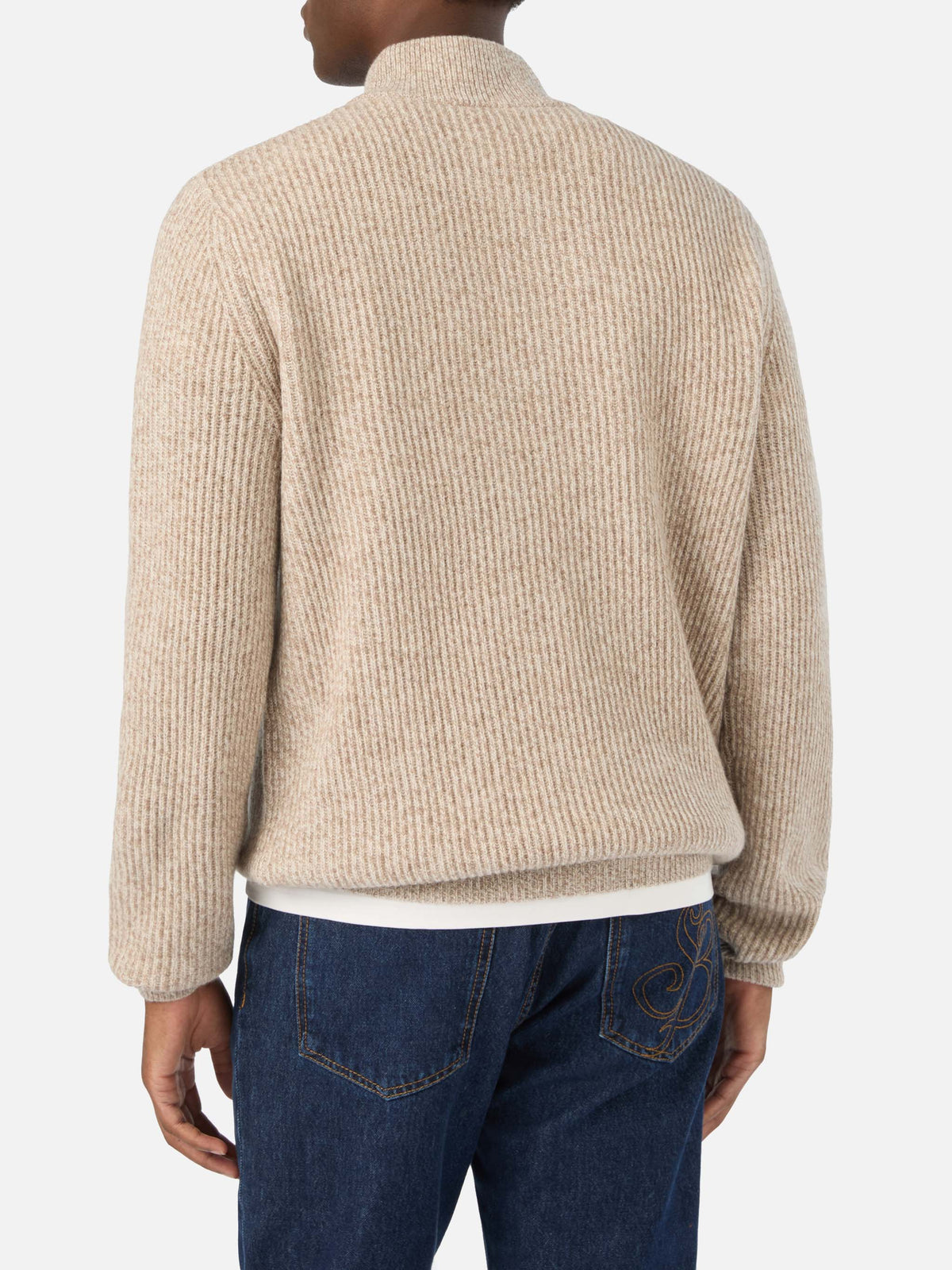 Beige Buck wool half zip knit with mouliné rib