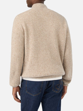 Beige Buck wool half zip knit with mouliné rib